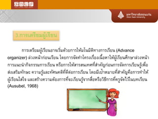 3.การเตรียมผู้เรียน 
การเตรียมผู้เรียนอาจเริ่มด้วยการให้มโนมิติทางการเรียน(Advance organizer) ล่วงหน้าก่อนเรียนโดยการจัดทาโครงเรื่องเนื้อหาให้ผู้เรียนศึกษาล่วงหน้า การแนะนากิจกรรมการเรียนหรือการให้สารสนเทศที่สาคัญก่อนการจัดการเรียนรู้เพื่อ ส่งเสริมทักษะความรู้และทัศนคติที่ดีต่อการเรียนโดยมีเป้าหมายที่สาคัญคือการทาให้ ผู้เรียนใส่ใจและสร้างความต้องการที่จะเรียนรู้จากสื่อหรือวิธีการที่ครูจัดไว้ในบทเรียน (Ausubel, 1968)  