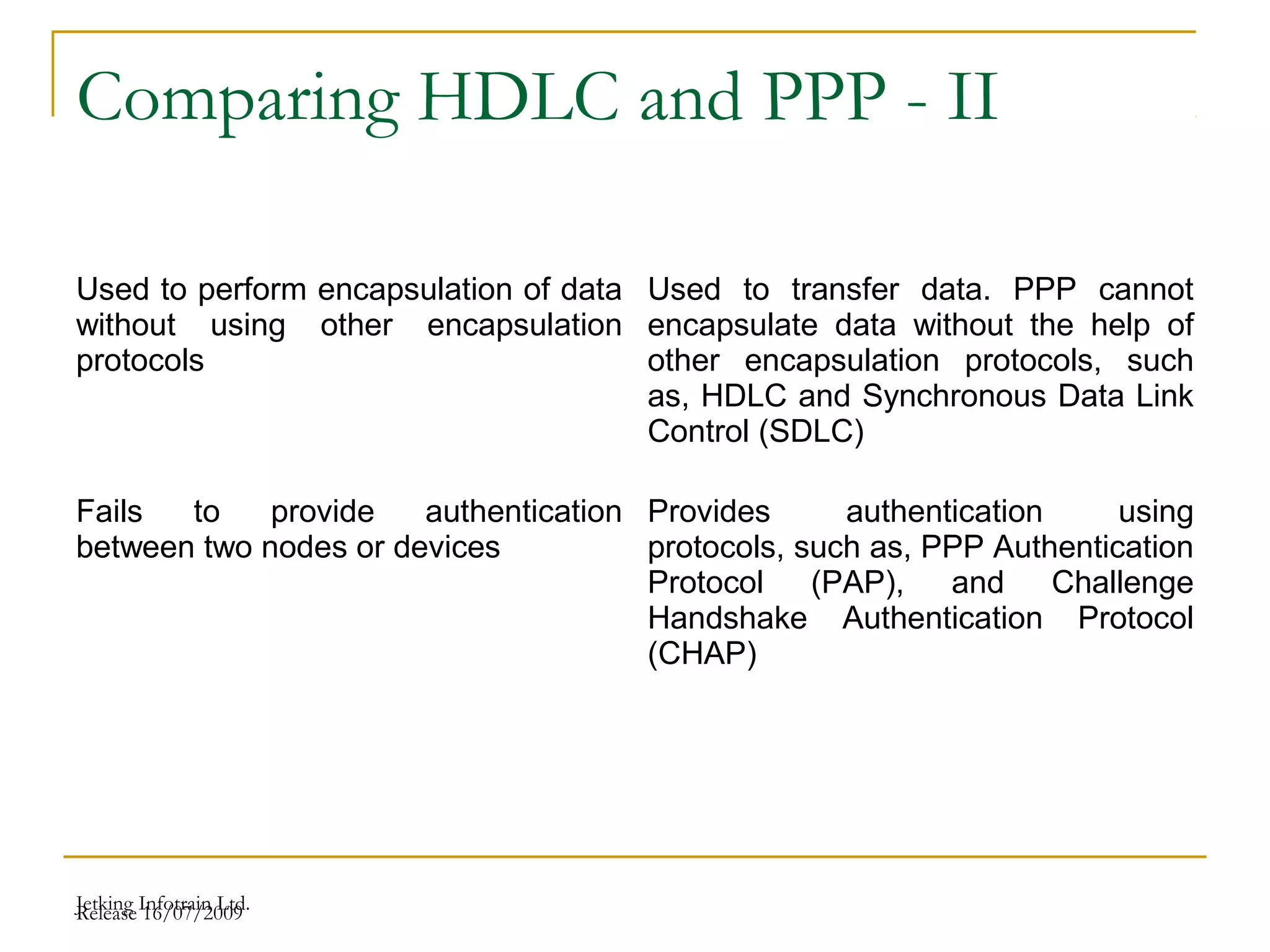 Release 16/07/2009Jetking Infotrain Ltd.
Comparing HDLC and PPP - II
Used to perform encapsulation of data
without using other encapsulation
protocols
Used to transfer data. PPP cannot
encapsulate data without the help of
other encapsulation protocols, such
as, HDLC and Synchronous Data Link
Control (SDLC)
Fails to provide authentication
between two nodes or devices
Provides authentication using
protocols, such as, PPP Authentication
Protocol (PAP), and Challenge
Handshake Authentication Protocol
(CHAP)
 