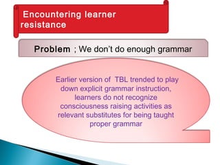 Encountering learner
resistance
Problem ; We don’t do enough grammar
Earlier version of TBL trended to play
down explicit grammar instruction,
learners do not recognize
consciousness raising activities as
relevant substitutes for being taught
proper grammar
 