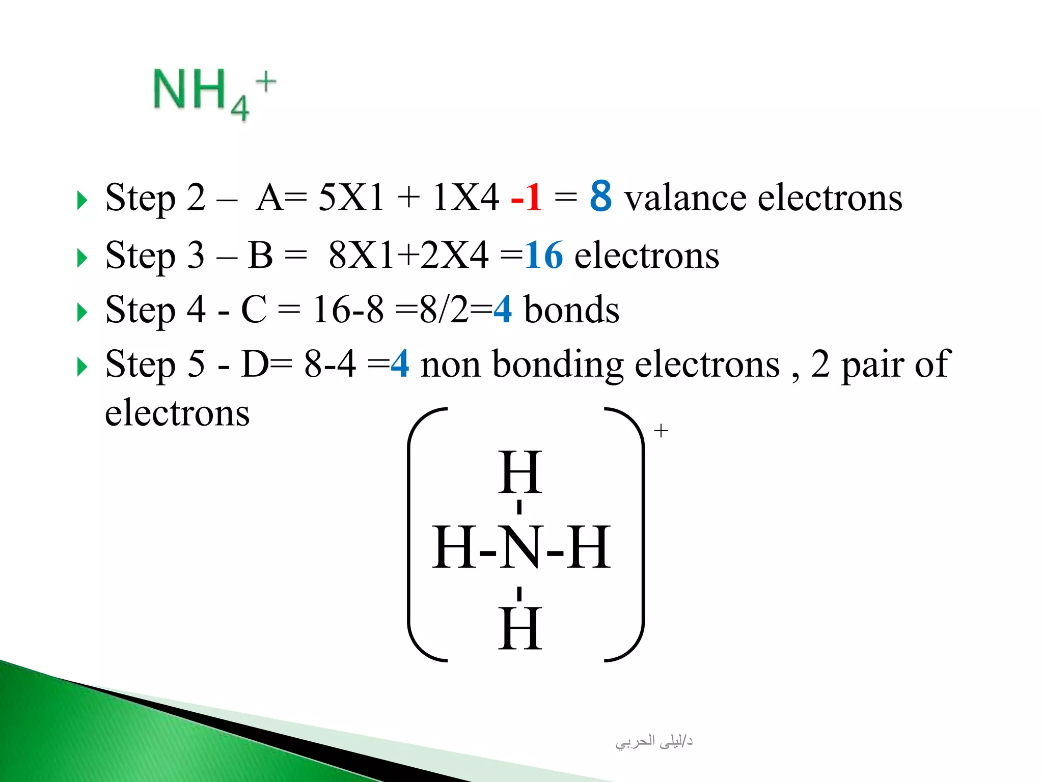  Step 2 – A= 5X1 + 1X4 -1 = 8 valance electrons
 Step 3 – B = 8X1+2X4 =16 electrons
 Step 4 - C = 16-8 =8/2=4 bonds
 Step 5 - D= 8-4 =4 non bonding electrons , 2 pair of
electrons
H-N-H
--
H
H
+
‫د‬/‫الحربي‬ ‫ليلى‬
 