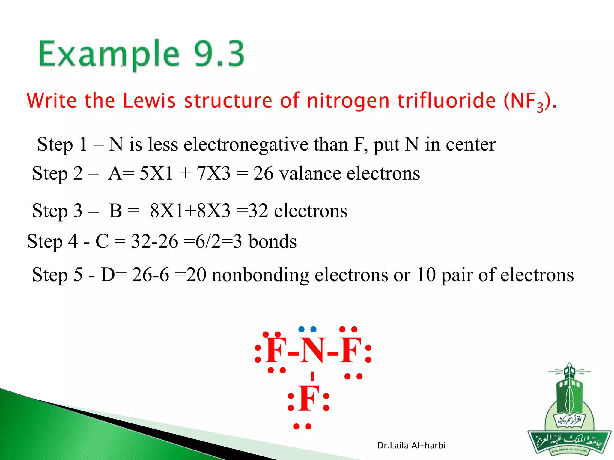 Dr.Laila Al-harbi
Write the Lewis structure of nitrogen trifluoride (NF3).
Step 1 – N is less electronegative than F, put N in center
Step 2 – A= 5X1 + 7X3 = 26 valance electrons
Step 3 – B = 8X1+8X3 =32 electrons
Step 4 - C = 32-26 =6/2=3 bonds
Step 5 - D= 26-6 =20 nonbonding electrons or 10 pair of electrons
:F-N-F:
:F:
-::
:
:
:
:
 