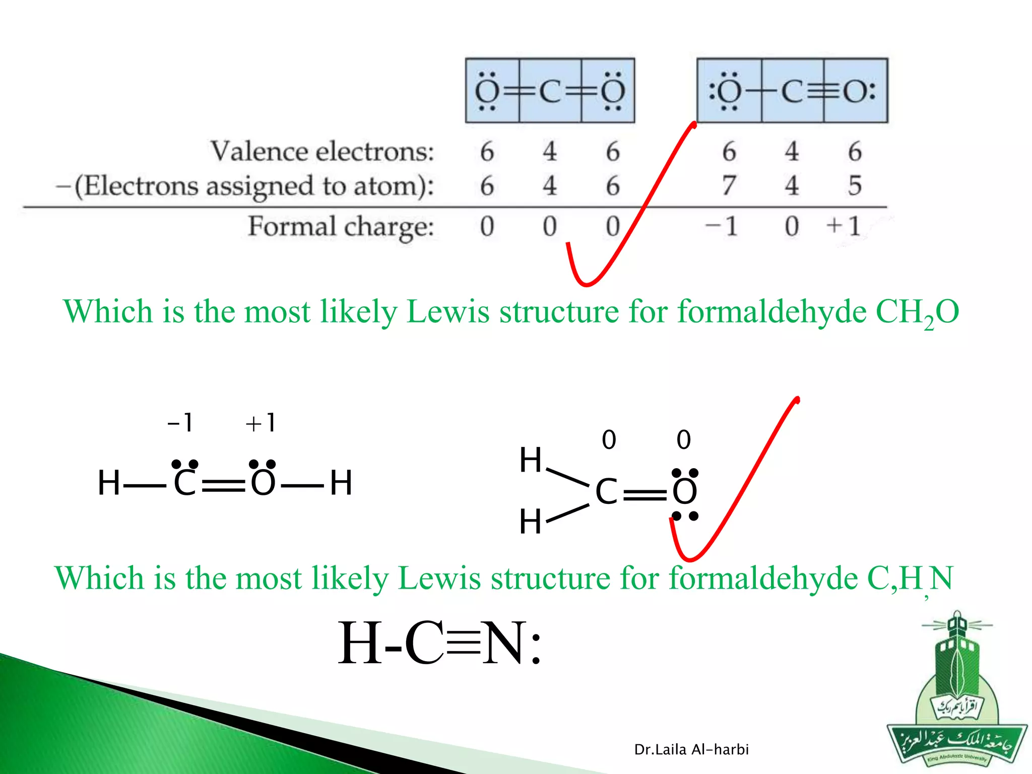 Dr.Laila Al-harbi
Which is the most likely Lewis structure for formaldehyde CH2O
H C O H
-1 +1
H
C O
H
0 0
H-C≡N:
Which is the most likely Lewis structure for formaldehyde C,H,N
 