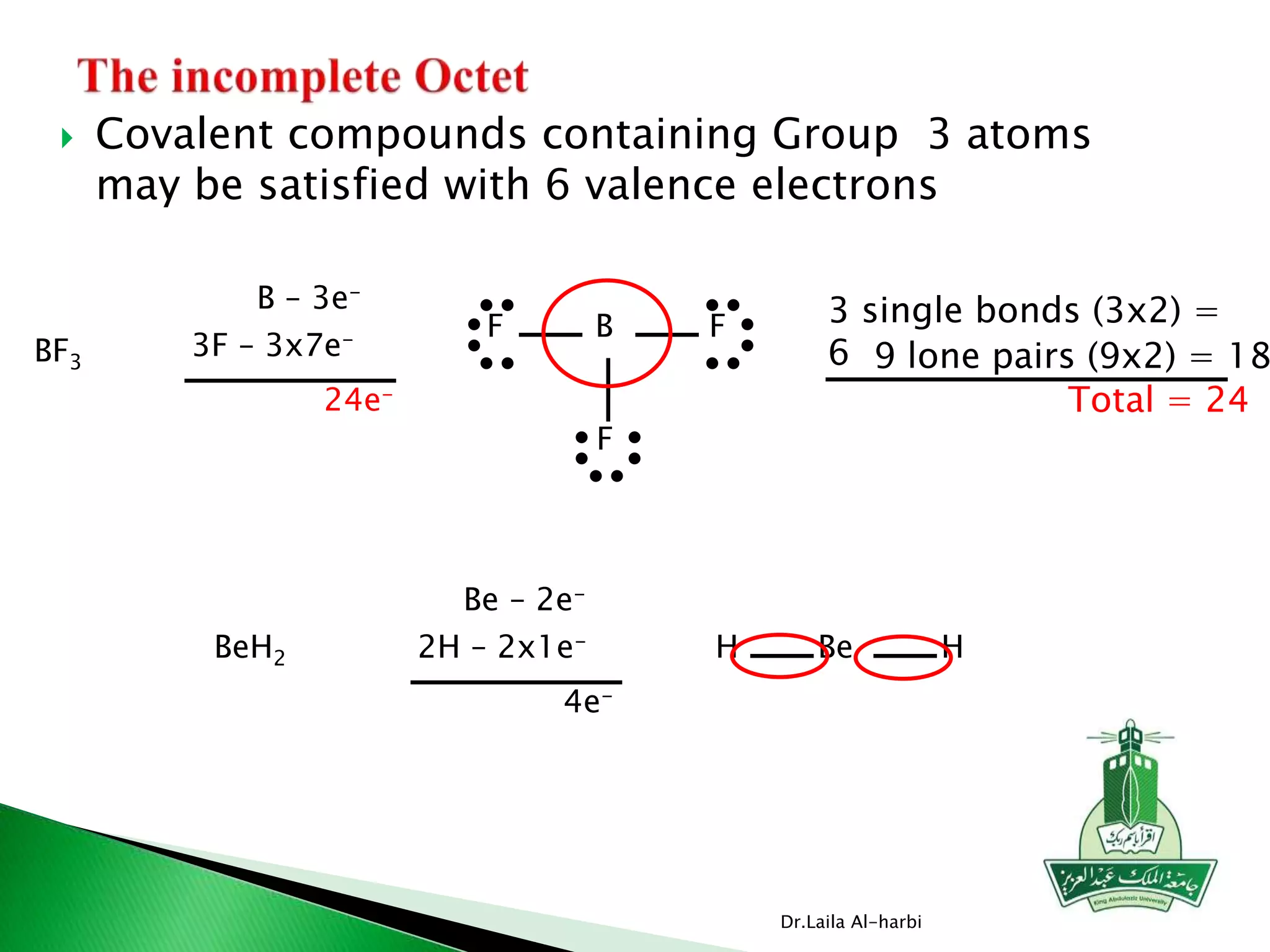  Covalent compounds containing Group 3 atoms
may be satisfied with 6 valence electrons
Dr.Laila Al-harbi
H HBe
Be – 2e-
2H – 2x1e-
4e-
BeH2
BF3
B – 3e-
3F – 3x7e-
24e-
F B F
F
3 single bonds (3x2) =
6 9 lone pairs (9x2) = 18
Total = 24
 