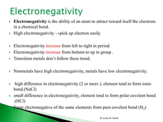  Electronegativity is the ability of an atom to attract toward itself the electrons
in a chemical bond.
 High electronegativity →pick up electron easily
 Electronegativity increase from left to right in period.
 Electronegativity increase from bottom to up in group .
 Transition metals don’t follow these trend.
 Nonmetals have high electronegativity, metals have low electronegativity.
 high difference in electronegativity (2 or more ), element tend to form ionic
bond.(NaCl)
 small difference in electronegativity, element tend to form polar covelent bond
.(HCl)
 Same electronegative of the same elements from pure covelent bond (H2)
Dr.Laila Al-Harbi
 