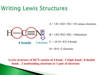A = 1X1+4X1+5X1 =10 valance electrons
B = 1X2+8X1+8X1 =18electrons
C = 18-10 =8/2=4 bonds
D= 10-8 =2 electrons
4 bonds 2 electrons
Lewis structure of HCN consist of 4 bond , 1 triple bond , 0 double
bond , 2 nonbonding electrons or 1 pair of electrons
 