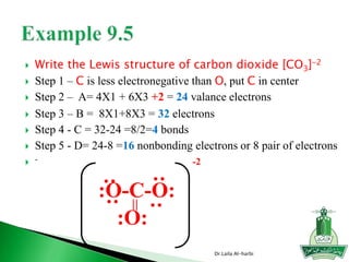  Write the Lewis structure of carbon dioxide [CO3]-2
 Step 1 – C is less electronegative than O, put C in center
 Step 2 – A= 4X1 + 6X3 +2 = 24 valance electrons
 Step 3 – B = 8X1+8X3 = 32 electrons
 Step 4 - C = 32-24 =8/2=4 bonds
 Step 5 - D= 24-8 =16 nonbonding electrons or 8 pair of electrons
 -
Dr.Laila Al-harbi
:O-C-O:
:O:
=
:
:
:
:
-2
 