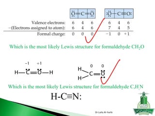 Dr.Laila Al-harbi
Which is the most likely Lewis structure for formaldehyde CH2O
H C O H
-1 +1
H
C O
H
0 0
H-C≡N:
Which is the most likely Lewis structure for formaldehyde C,H,N
 