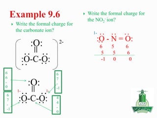  Write the formal charge for
the carbonate ion?
 Write the formal charge for
the NO2
- ion?
1-
=
:O:
:
: 2-
=
:O:
:
:::
::
1-1-
6
7
-
-1
6
7
-
-1
6
6
-
0
4
4
-
0
:O - N = O:
6 5 6
5 5 6
-1 0 0
::
:
:
 