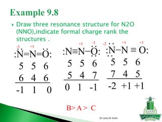  Draw three resonance structure for N2O
(NNO),indicate formal charge rank the
structures .
Dr.Laila Al-harbi
:N=N=O:
5 5 6
6 4 6
-1 1 0
:
:-1 +1
:N≡N−O:
5 5 6
5 4 7
0 1 -1
::
-1+1
:N−N ≡ O:
5 5 6
7 4 5
-2 +1 +1
::
+1+1-2
B> A > C
 