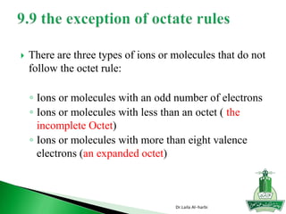  There are three types of ions or molecules that do not
follow the octet rule:
◦ Ions or molecules with an odd number of electrons
◦ Ions or molecules with less than an octet ( the
incomplete Octet)
◦ Ions or molecules with more than eight valence
electrons (an expanded octet)
Dr.Laila Al-harbi
 
