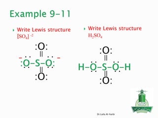  Write Lewis structure
[SO4] -2
 Write Lewis structure
H2SO4
Dr.Laila Al-harbi
==
:O:
:O::
:
:
:
--
==
:O:
:O:
:
:
:
:
 
