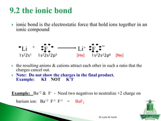  ionic bond is the electrostatic force that hold ions together in an
ionic compound
 the resulting anions & cations attract each other in such a ratio that the
charges cancel out.
 Note: Do not show the charges in the final product.
Example: KI NOT K+I-
Example: Ba+2 & F- - Need two negatives to neutralize +2 charge on
barium ion: Ba+2 F-1 F-1 = BaF2
Dr.Laila Al-harbi
Li +
F Li+
F -
1s22s1 1s22s22p5 [He] 1s22s22p6 [Ne]
 