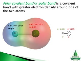 H F FH
Polar covalent bond or polar bond is a covalent
bond with greater electron density around one of
the two atoms
electron rich
region
electron poor
region e- riche- poor
d+ d-
 