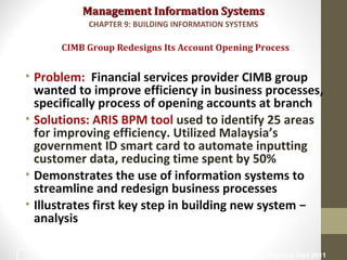 Management Information SystemsManagement Information Systems
• Problem: Financial services provider CIMB group
wanted to improve efficiency in business processes,
specifically process of opening accounts at branch
• Solutions: ARIS BPM tool used to identify 25 areas
for improving efficiency. Utilized Malaysia’s
government ID smart card to automate inputting
customer data, reducing time spent by 50%
• Demonstrates the use of information systems to
streamline and redesign business processes
• Illustrates first key step in building new system −
analysis
CIMB Group Redesigns Its Account Opening Process
CHAPTER 9: BUILDING INFORMATION SYSTEMS
© Prentice Hall 20113
 