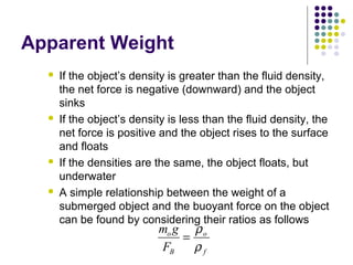 Apparent Weight
 If the object’s density is greater than the fluid density,
the net force is negative (downward) and the object
sinks
 If the object’s density is less than the fluid density, the
net force is positive and the object rises to the surface
and floats
 If the densities are the same, the object floats, but
underwater
 A simple relationship between the weight of a
submerged object and the buoyant force on the object
can be found by considering their ratios as follows
m g
F
o
B
o
f
=
ρ
ρ
 