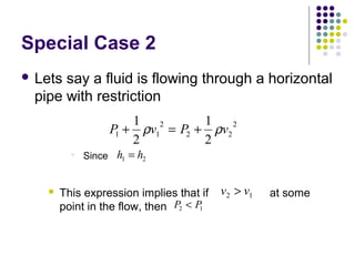 Special Case 2
 Lets say a fluid is flowing through a horizontal
pipe with restriction
 Since
 This expression implies that if at some
point in the flow, then
P v P v1 1
2
2 2
21
2
1
2
+ = +ρ ρ
h h1 2=
v v2 1>
P P2 1<
 