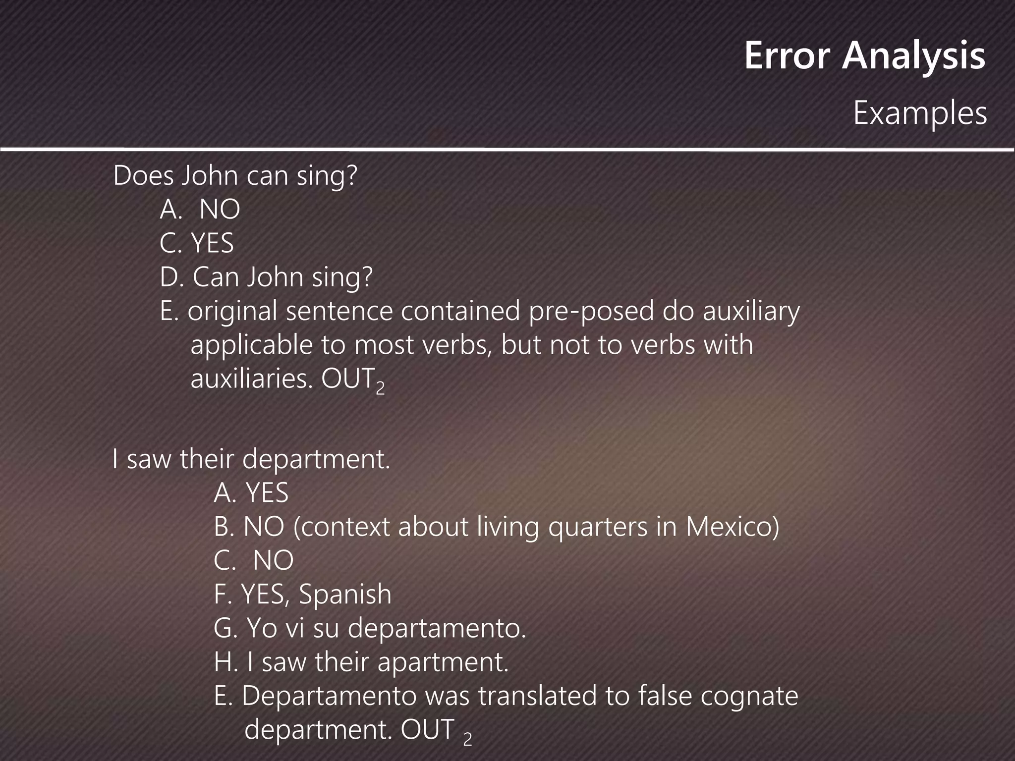Error Analysis
Examples
Does John can sing?
A. NO
C. YES
D. Can John sing?
E. original sentence contained pre-posed do auxiliary
applicable to most verbs, but not to verbs with
auxiliaries. OUT2
I saw their department.
A. YES
B. NO (context about living quarters in Mexico)
C. NO
F. YES, Spanish
G. Yo vi su departamento.
H. I saw their apartment.
E. Departamento was translated to false cognate
department. OUT 2
 
