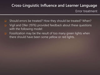 Cross-Linguistic Influence and Learner Language
 Should errors be treated? How they should be treated? When?
 Vigil and Oller (1976) provided feedback about these questions
with the following model:
 Fossilization may be the result of too many green lights when
there should have been some yellow or red lights.
Error treatment
 