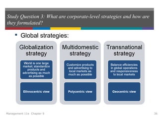 Study Question 3: What are corporate-level strategies and how are
they formulated?
 Global strategies:
Management 11e Chapter 9 36
 
