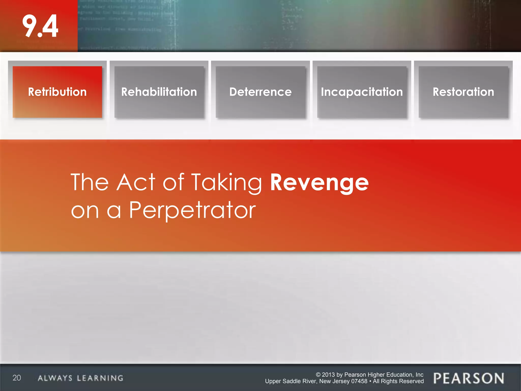 © 2013 by Pearson Higher Education, Inc
Upper Saddle River, New Jersey 07458 • All Rights Reserved
The Act of Taking Revenge
on a Perpetrator
20
9.4
Retribution Rehabilitation Deterrence Incapacitation Restoration
 