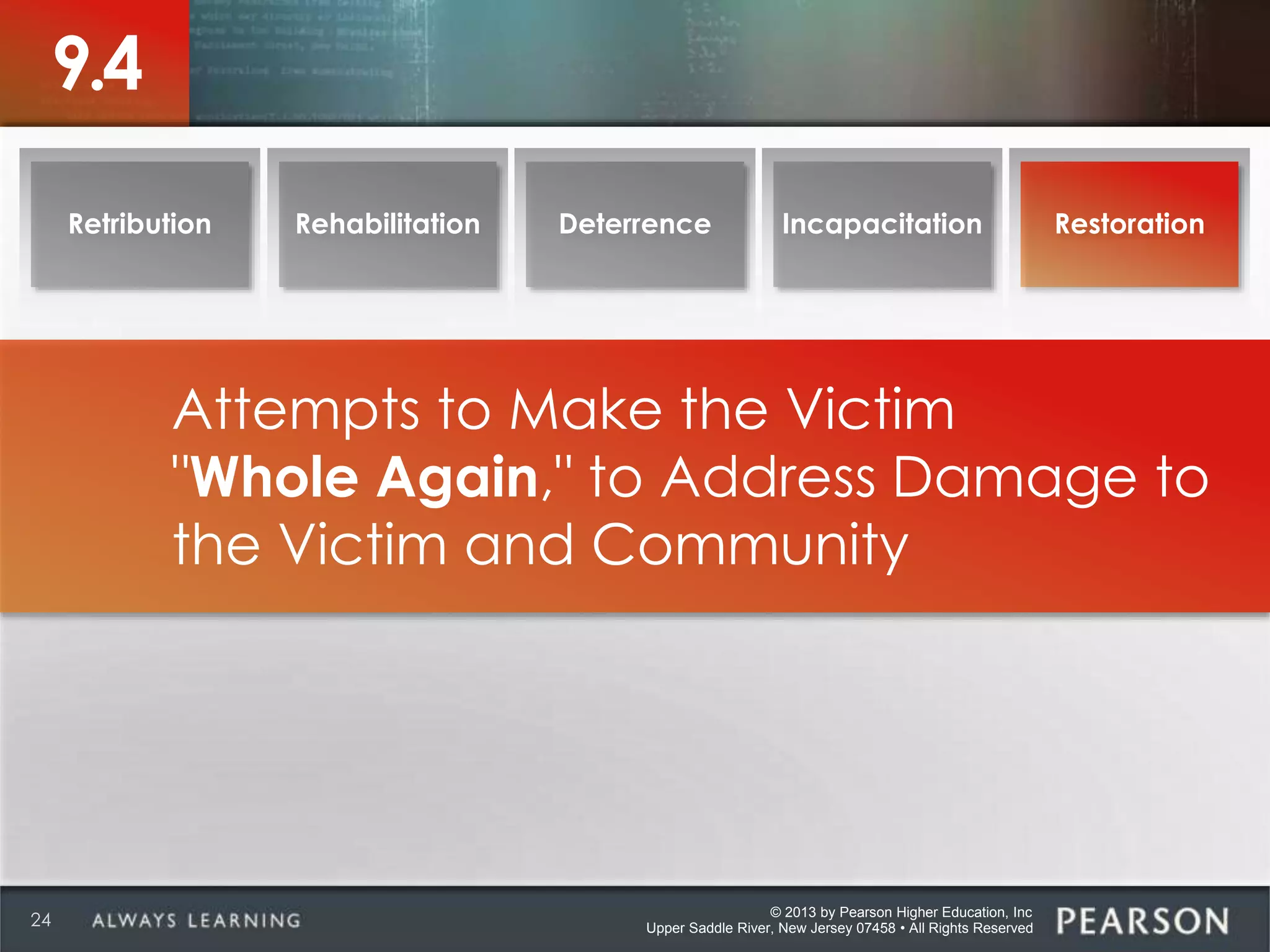 © 2013 by Pearson Higher Education, Inc
Upper Saddle River, New Jersey 07458 • All Rights Reserved24
9.4
Retribution Rehabilitation Deterrence Incapacitation Restoration
Attempts to Make the Victim
"Whole Again," to Address Damage to
the Victim and Community
 
