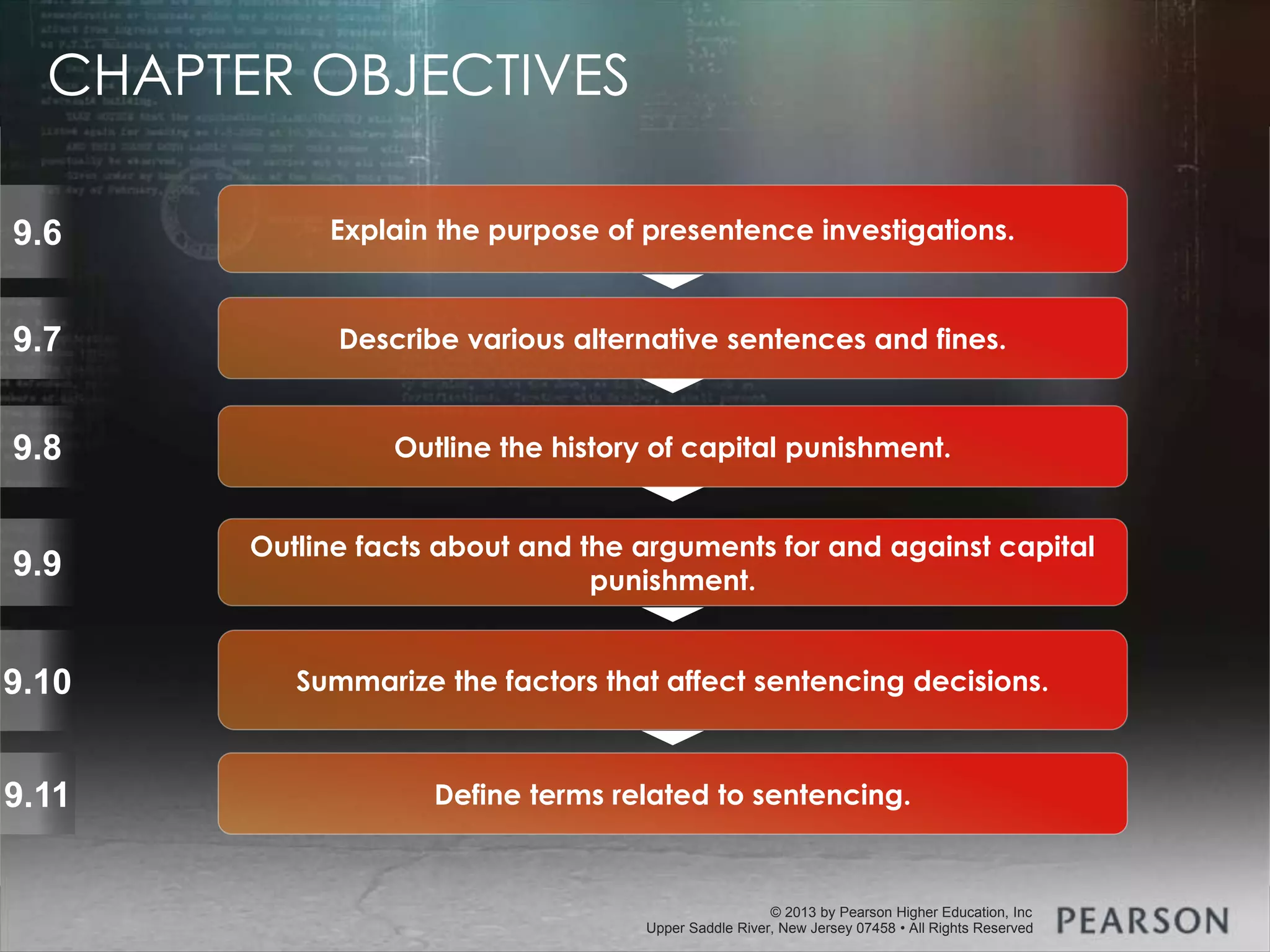 © 2013 by Pearson Higher Education, Inc
Upper Saddle River, New Jersey 07458 • All Rights Reserved
© 2013 by Pearson Higher Education, Inc
Upper Saddle River, New Jersey 07458 • All Rights Reserved
9.6
9.7
9.8
9.9
9.10
Explain the purpose of presentence investigations.
Describe various alternative sentences and fines.
Outline the history of capital punishment.
Outline facts about and the arguments for and against capital
punishment.
Summarize the factors that affect sentencing decisions.
9.11 Define terms related to sentencing.
CHAPTER OBJECTIVES
 