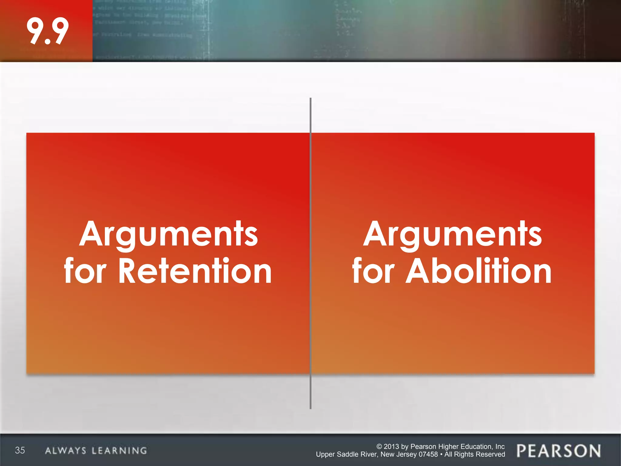 © 2013 by Pearson Higher Education, Inc
Upper Saddle River, New Jersey 07458 • All Rights Reserved35
9.9
Arguments
for Retention
Arguments
for Abolition
 