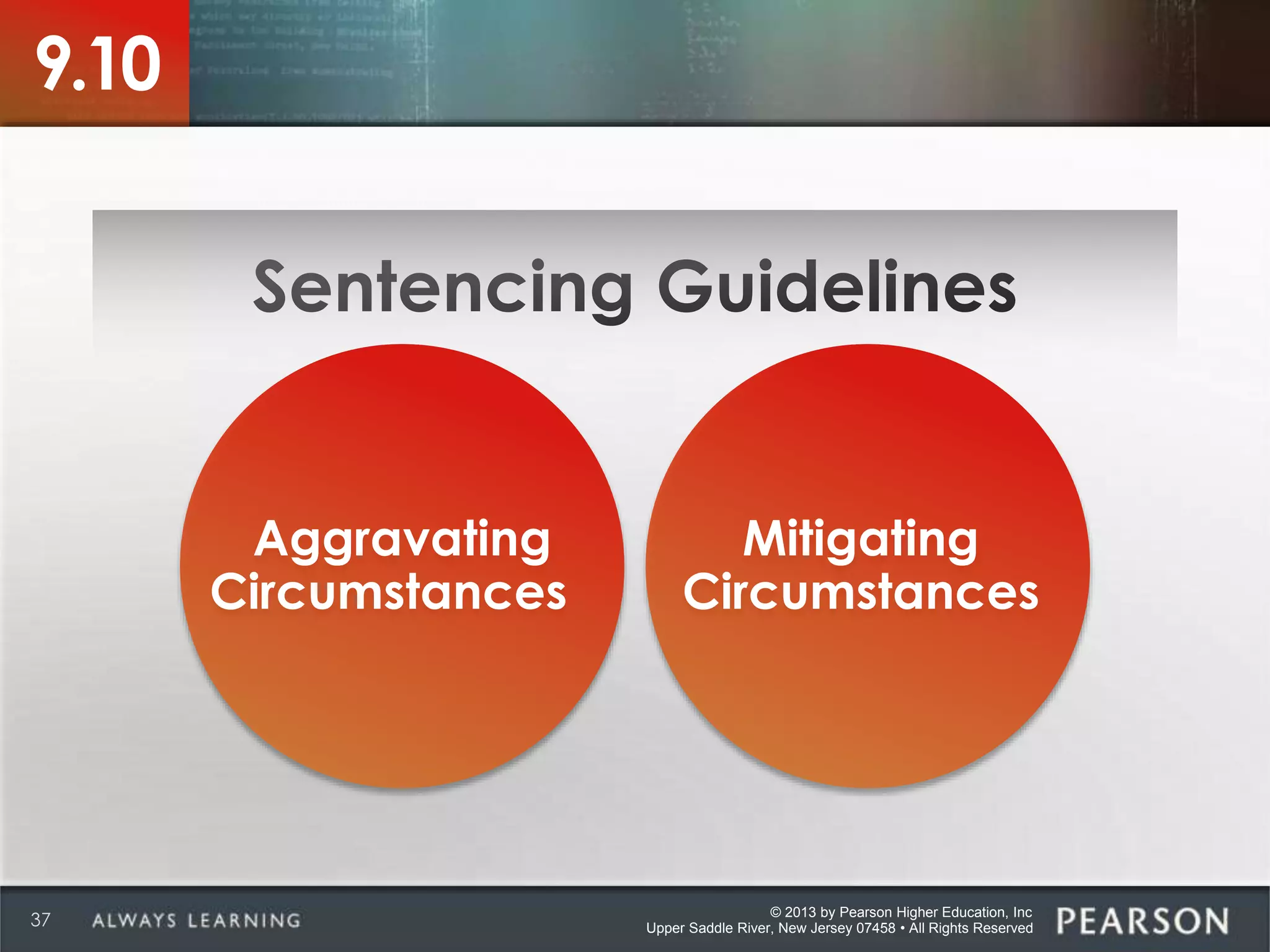 © 2013 by Pearson Higher Education, Inc
Upper Saddle River, New Jersey 07458 • All Rights Reserved37
9.10
Aggravating
Circumstances
Mitigating
Circumstances
 