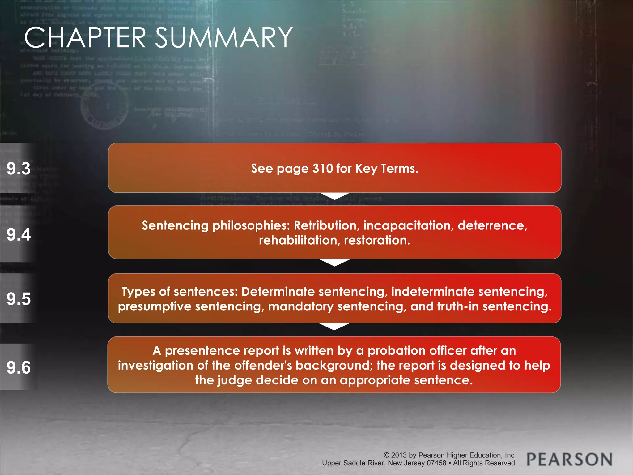 © 2013 by Pearson Higher Education, Inc
Upper Saddle River, New Jersey 07458 • All Rights Reserved
© 2013 by Pearson Higher Education, Inc
Upper Saddle River, New Jersey 07458 • All Rights Reserved
9.3
9.4
9.5
Types of sentences: Determinate sentencing, indeterminate sentencing,
presumptive sentencing, mandatory sentencing, and truth-in sentencing.
Sentencing philosophies: Retribution, incapacitation, deterrence,
rehabilitation, restoration.
See page 310 for Key Terms.
9.6
A presentence report is written by a probation officer after an
investigation of the offender's background; the report is designed to help
the judge decide on an appropriate sentence.
CHAPTER SUMMARY
 