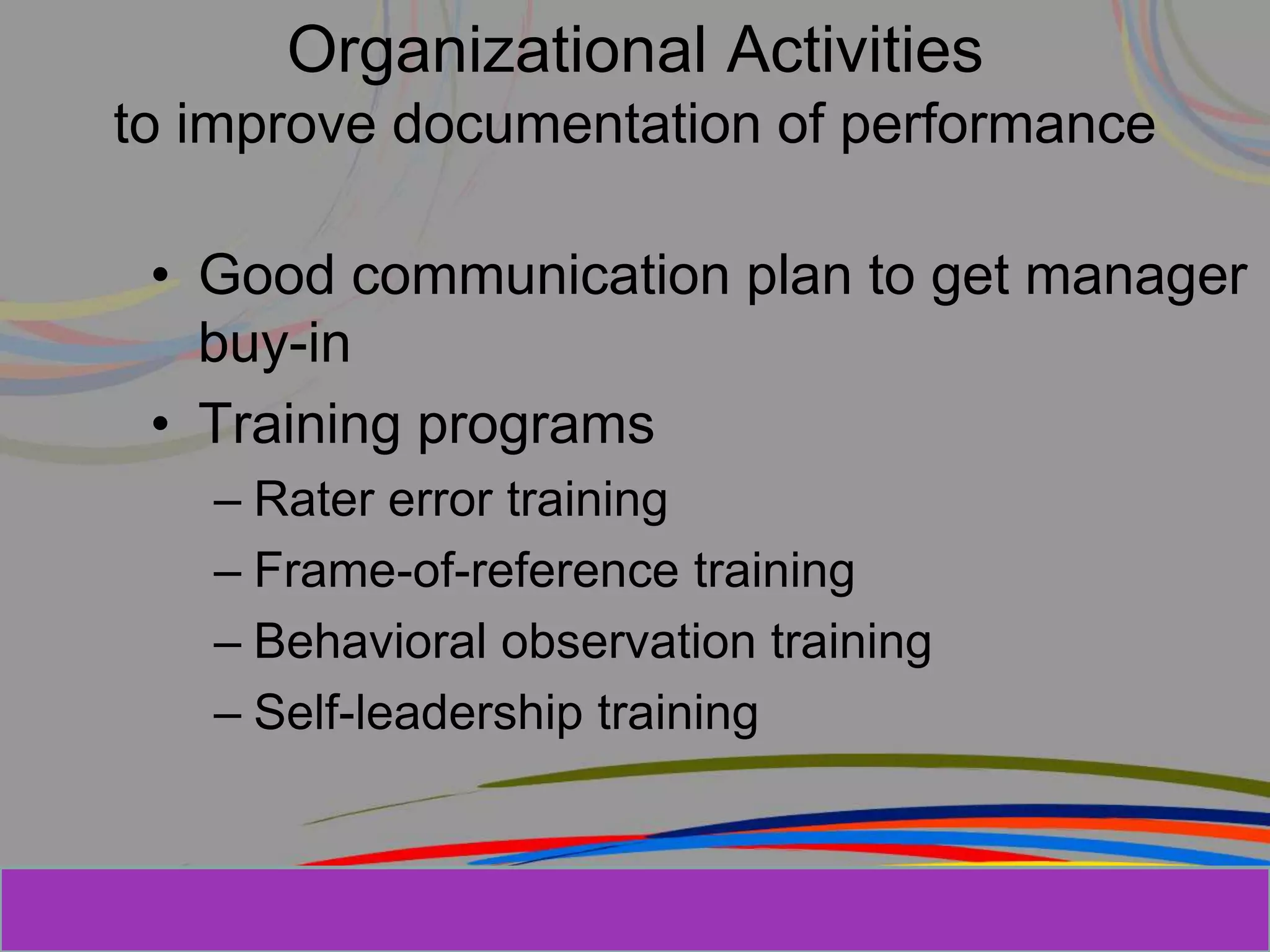 Herman Aguinis, University of Colorado at
Organizational Activities
to improve documentation of performance
• Good communication plan to get manager
buy-in
• Training programs
– Rater error training
– Frame-of-reference training
– Behavioral observation training
– Self-leadership training
Prentice Hall, Inc. © 2006
 