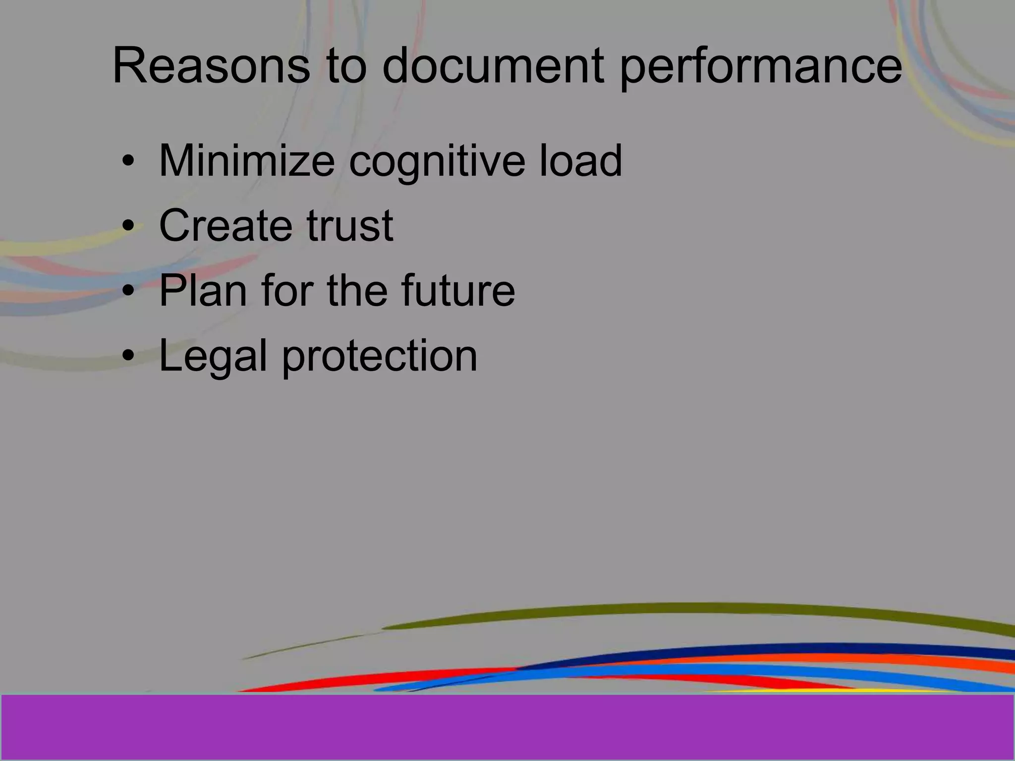 Herman Aguinis, University of Colorado at
Reasons to document performance
• Minimize cognitive load
• Create trust
• Plan for the future
• Legal protection
Prentice Hall, Inc. © 2006
 