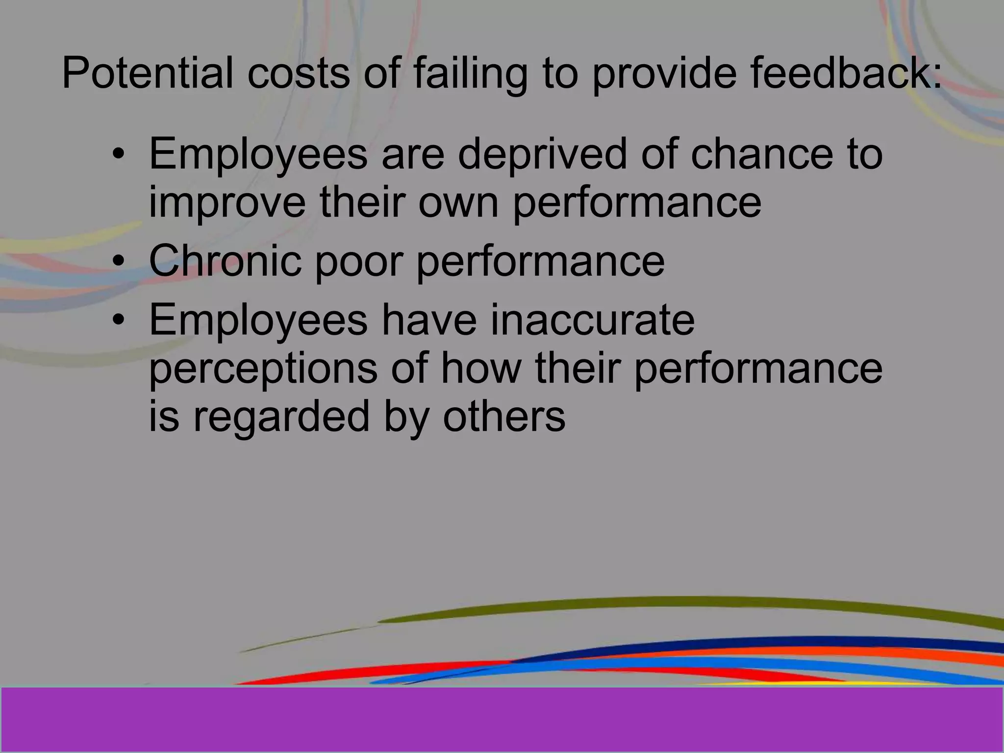 Herman Aguinis, University of Colorado at
Potential costs of failing to provide feedback:
• Employees are deprived of chance to
improve their own performance
• Chronic poor performance
• Employees have inaccurate
perceptions of how their performance
is regarded by others
Prentice Hall, Inc. © 2006
 