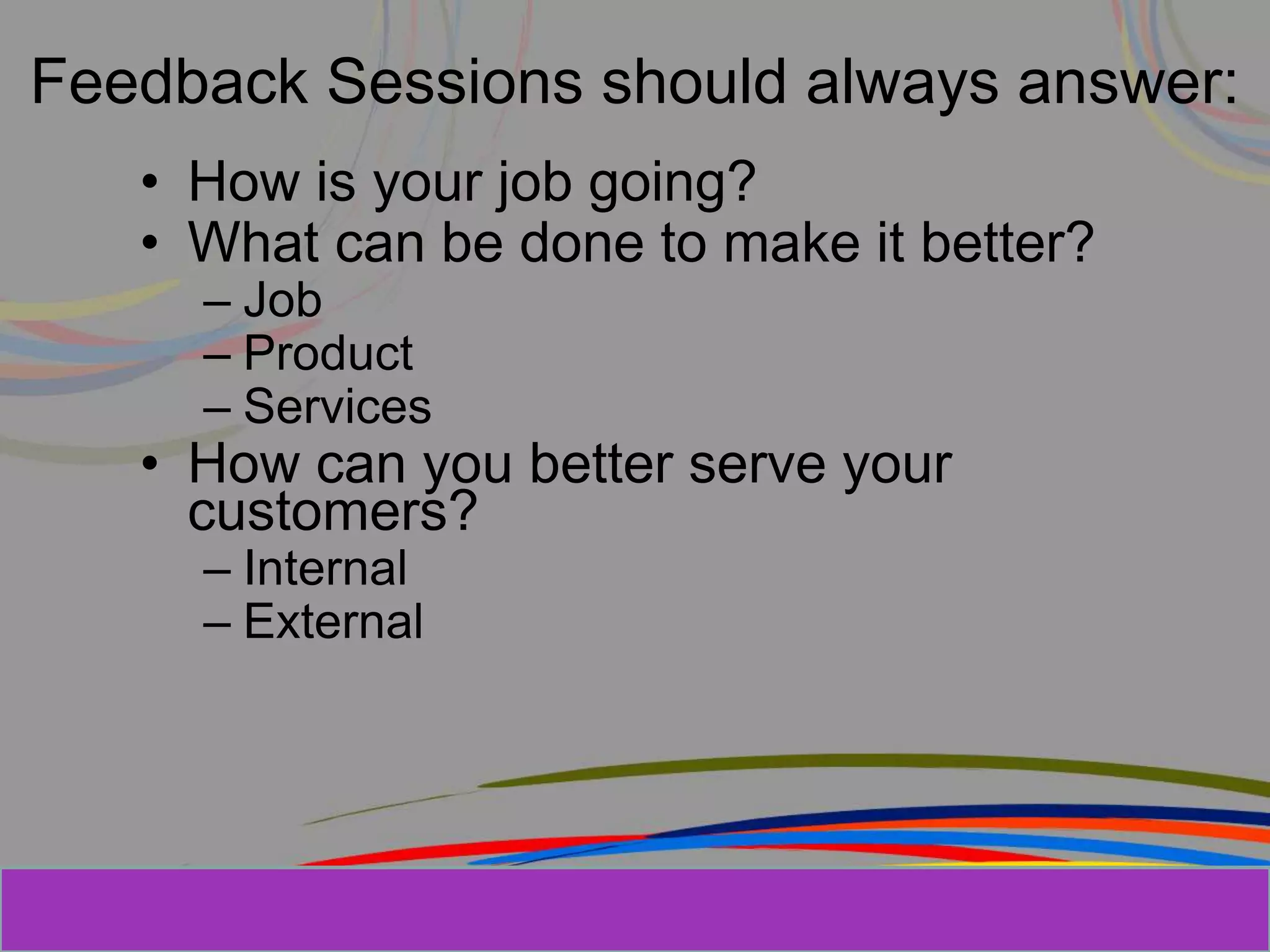 Herman Aguinis, University of Colorado at
Feedback Sessions should always answer:
• How is your job going?
• What can be done to make it better?
– Job
– Product
– Services
• How can you better serve your
customers?
– Internal
– External
Prentice Hall, Inc. © 2006
 