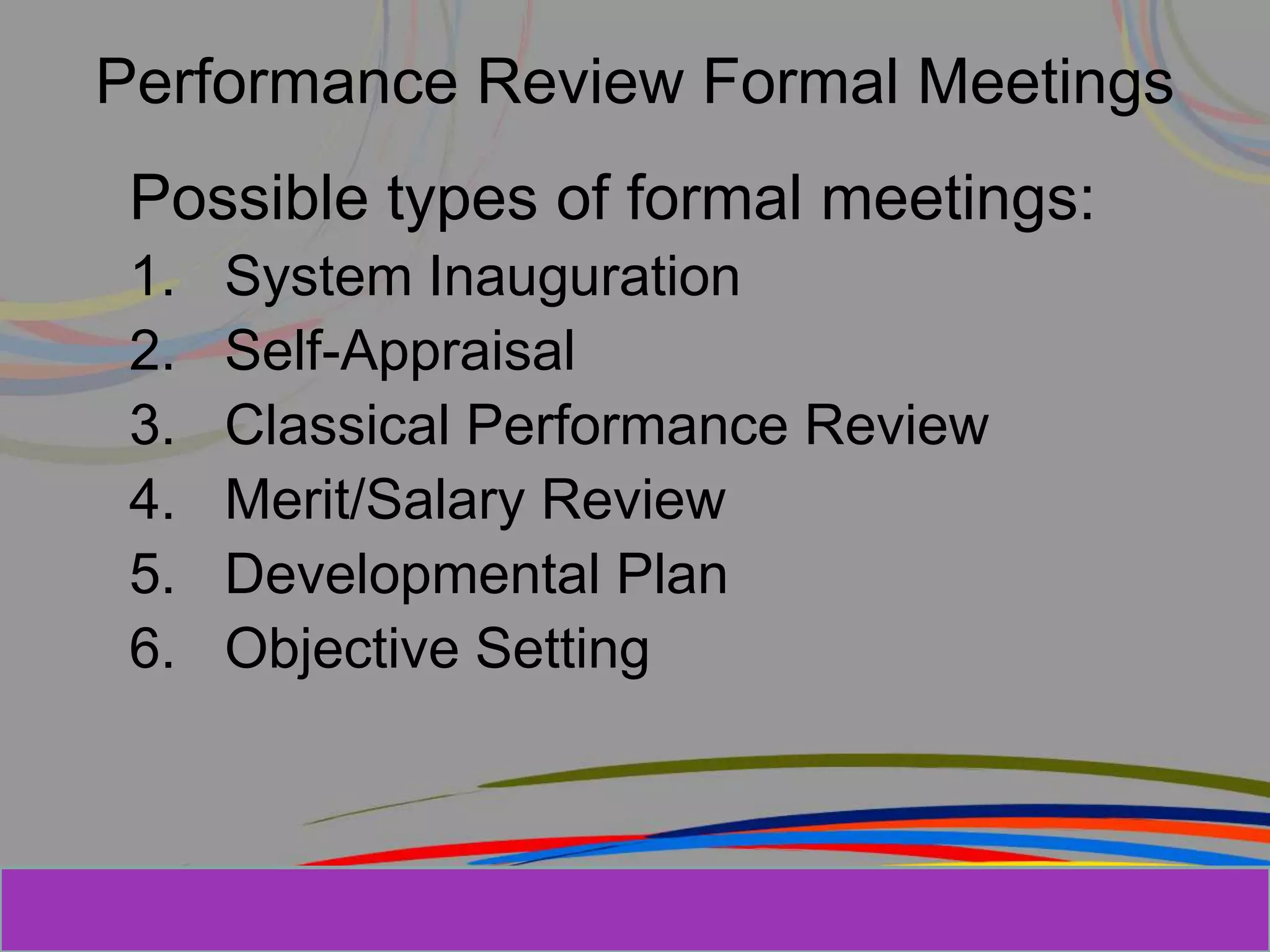 Herman Aguinis, University of Colorado at
Performance Review Formal Meetings
Possible types of formal meetings:
1. System Inauguration
2. Self-Appraisal
3. Classical Performance Review
4. Merit/Salary Review
5. Developmental Plan
6. Objective Setting
Prentice Hall, Inc. © 2006
 