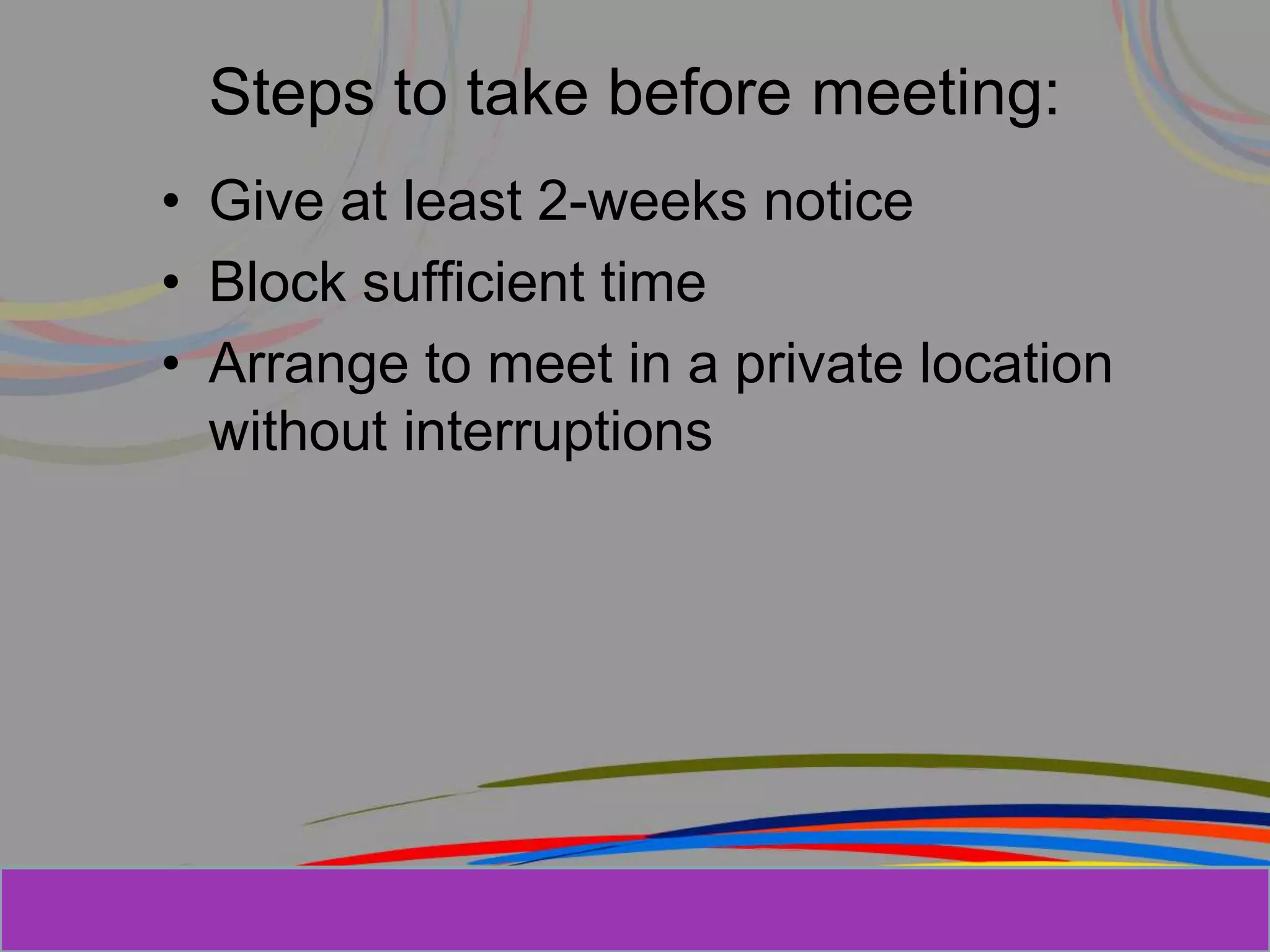 Herman Aguinis, University of Colorado at
Steps to take before meeting:
• Give at least 2-weeks notice
• Block sufficient time
• Arrange to meet in a private location
without interruptions
Prentice Hall, Inc. © 2006
 