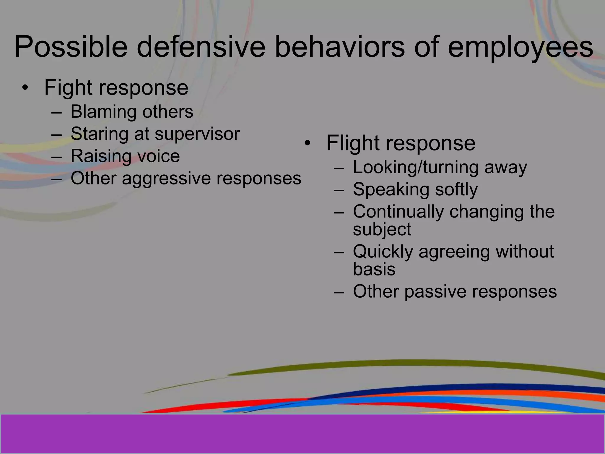 Herman Aguinis, University of Colorado at
Possible defensive behaviors of employees
• Fight response
– Blaming others
– Staring at supervisor
– Raising voice
– Other aggressive responses
• Flight response
– Looking/turning away
– Speaking softly
– Continually changing the
subject
– Quickly agreeing without
basis
– Other passive responses
 