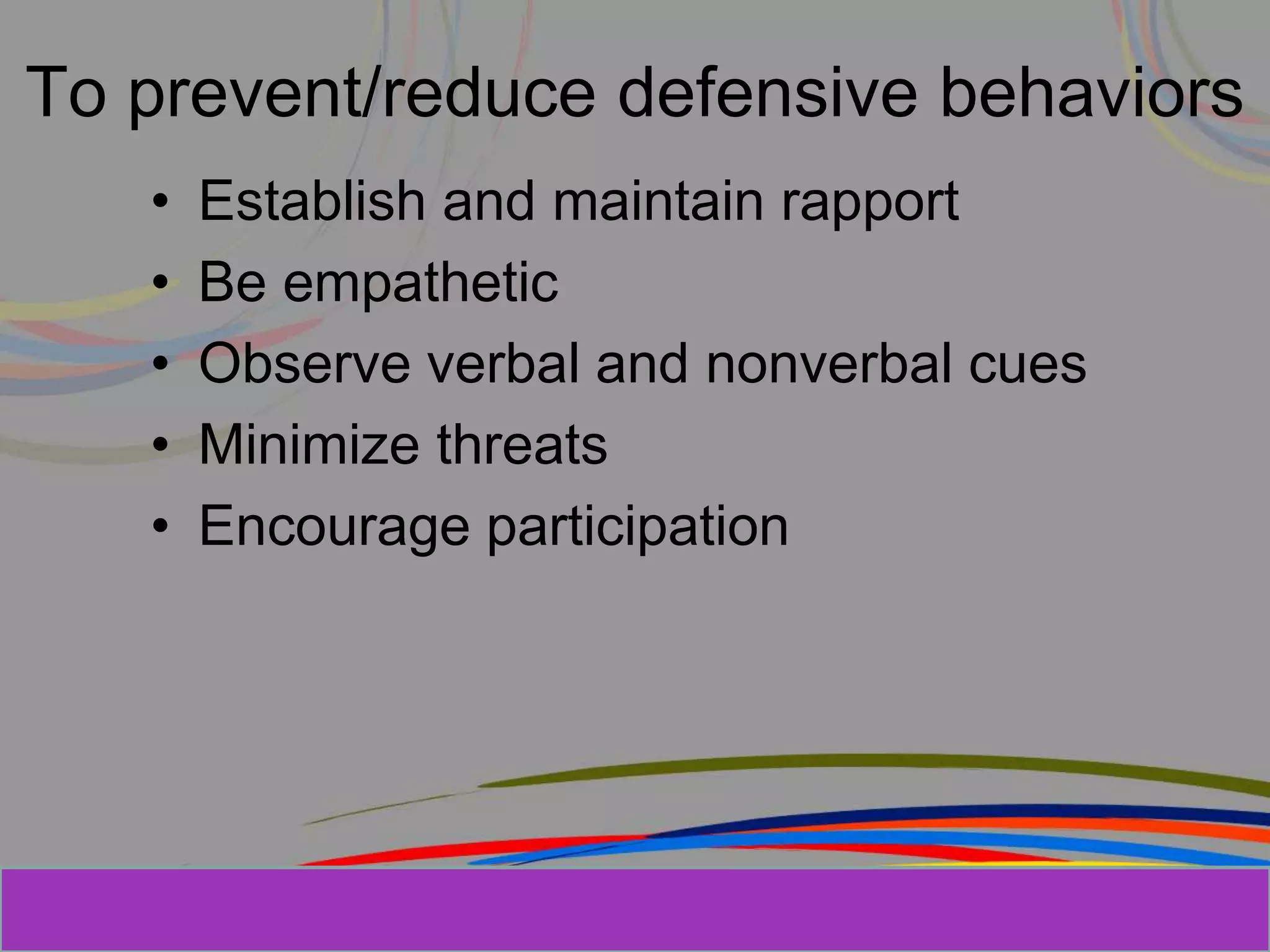 Herman Aguinis, University of Colorado at
To prevent/reduce defensive behaviors
• Establish and maintain rapport
• Be empathetic
• Observe verbal and nonverbal cues
• Minimize threats
• Encourage participation
Prentice Hall, Inc. © 2006
 