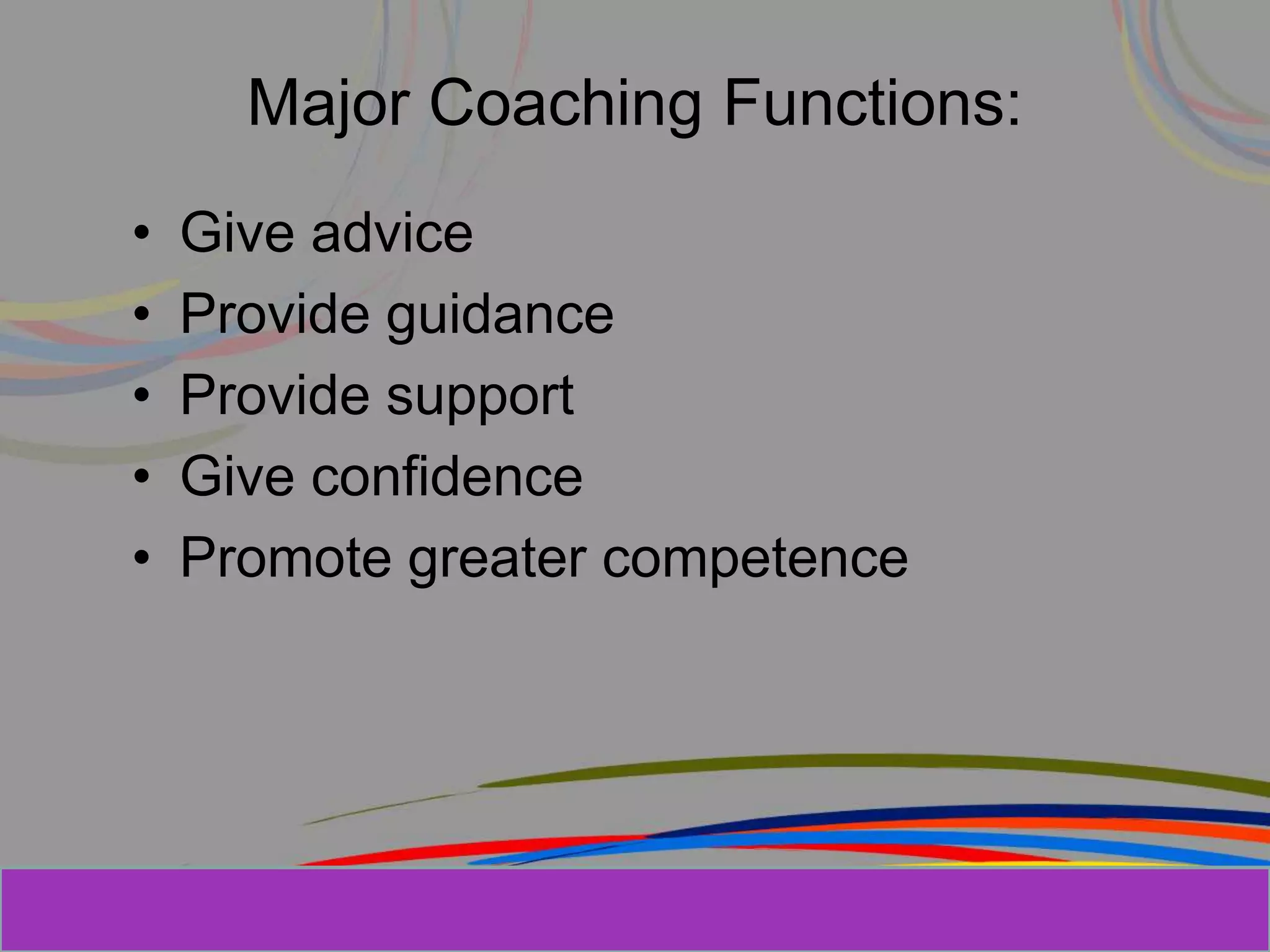Herman Aguinis, University of Colorado at
Major Coaching Functions:
• Give advice
• Provide guidance
• Provide support
• Give confidence
• Promote greater competence
Prentice Hall, Inc. © 2006
 