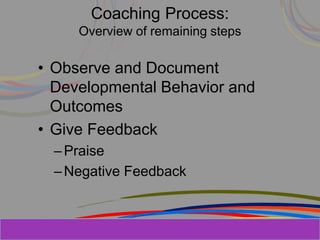Herman Aguinis, University of Colorado at
Coaching Process:
Overview of remaining steps
• Observe and Document
Developmental Behavior and
Outcomes
• Give Feedback
–Praise
–Negative Feedback
Prentice Hall, Inc. © 2006
 