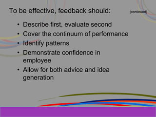 Herman Aguinis, University of Colorado at
To be effective, feedback should: (continued)
• Describe first, evaluate second
• Cover the continuum of performance
• Identify patterns
• Demonstrate confidence in
employee
• Allow for both advice and idea
generation
Prentice Hall, Inc. © 2006
 