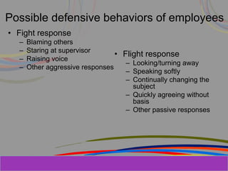 Herman Aguinis, University of Colorado at
Possible defensive behaviors of employees
• Fight response
– Blaming others
– Staring at supervisor
– Raising voice
– Other aggressive responses
• Flight response
– Looking/turning away
– Speaking softly
– Continually changing the
subject
– Quickly agreeing without
basis
– Other passive responses
 