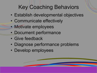 Herman Aguinis, University of Colorado at
Key Coaching Behaviors
• Establish developmental objectives
• Communicate effectively
• Motivate employees
• Document performance
• Give feedback
• Diagnose performance problems
• Develop employees
Prentice Hall, Inc. © 2006
 