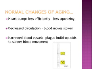  Heart pumps less efficiently – less squeezing
 Decreased circulation – blood moves slower
 Narrowed blood vessels- plague build-up adds
to slower blood movement
 