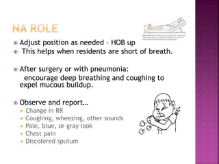  Adjust position as needed – HOB up
 This helps when residents are short of breath.
 After surgery or with pneumonia:
encourage deep breathing and coughing to
expel mucous buildup.
 Observe and report…
 Change in RR
 Coughing, wheezing, other sounds
 Pale, blue, or gray look
 Chest pain
 Discolored sputum
 