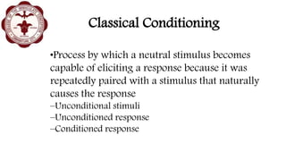Classical Conditioning
•Process by which a neutral stimulus becomes
capable of eliciting a response because it was
repeatedly paired with a stimulus that naturally
causes the response
–Unconditional stimuli
–Unconditioned response
–Conditioned response
 
