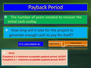  The number of years needed to recover the
initial cash outlay.
 How long will it take for the project to
generate enough cash to pay for itself?
 RULE:
If payback is ≤ maximum acceptable payback period, ACCEPT
If payback is > maximum acceptable payback period, REJECT
= Initial InvestmentPayback Period
Average Annual Cash Inflow
It is calculated as:
 