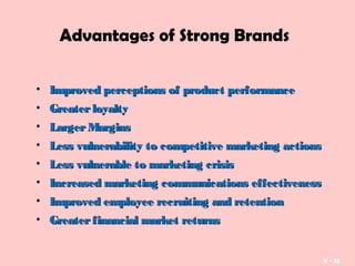 9 - 12
Advantages of Strong Brands
• Improved perceptions of product performanceImproved perceptions of product performance
• GreaterloyaltyGreaterloyalty
• LargerMarginsLargerMargins
• Less vulnerability to competitive marketing actionsLess vulnerability to competitive marketing actions
• Less vulnerable to marketing crisisLess vulnerable to marketing crisis
• Increased marketing communications effectivenessIncreased marketing communications effectiveness
• Improved employee recruiting and retentionImproved employee recruiting and retention
• Greaterfinancial market returnsGreaterfinancial market returns
 