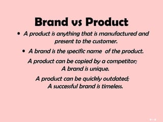 Brand vs Product
• A product is anything that is manufactured andA product is anything that is manufactured and
present to the customer.present to the customer.
• A brand is the specific name of the product.A brand is the specific name of the product.
A product can be copied by a competitor;A product can be copied by a competitor;
A brand is unique.A brand is unique.
A product can be quickly outdated;A product can be quickly outdated;
A successful brand is timeless.A successful brand is timeless.
9 - 8
 