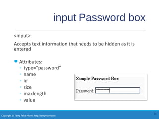 Copyright © Terry Felke-Morris http://terrymorris.net
input Password box
<input>
Accepts text information that needs to be hidden as it is
entered
Attributes:
◦ type=“password”
◦ name
◦ id
◦ size
◦ maxlength
◦ value
14
 