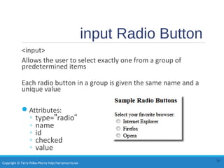 Copyright © Terry Felke-Morris http://terrymorris.net
input Radio Button
<input>
Allows the user to select exactly one from a group of
predetermined items
Each radio button in a group is given the same name and a
unique value
Attributes:
◦ type="radio“
◦ name
◦ id
◦ checked
◦ value
16
 